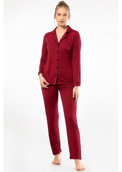 3365 Bordo Kadın Düz Uzun Kollu Gömlek Yaka Pijama Takım fırsatları