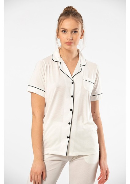 3368 Ekru Kadın Düz Kısa Kollu Gömlek Yaka Pijama Takım