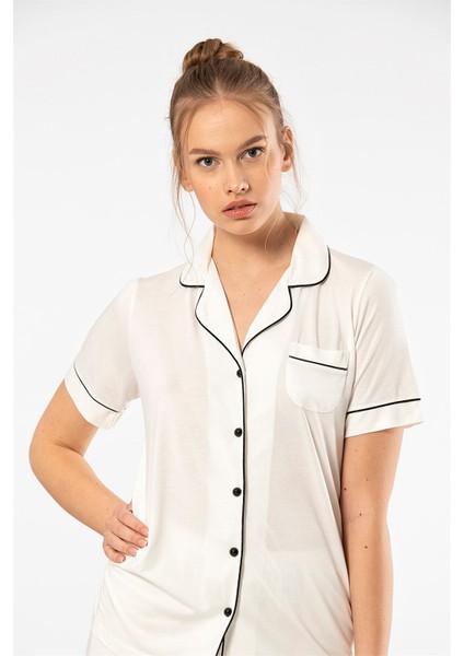 3368 Ekru Kadın Düz Kısa Kollu Gömlek Yaka Pijama Takım fiyatları