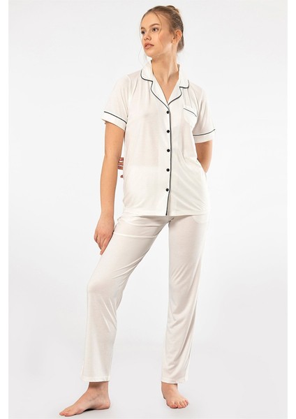 3368 Ekru Kadın Düz Kısa Kollu Gömlek Yaka Pijama Takım modelleri