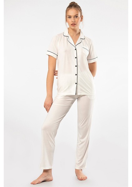 3368 Ekru Kadın Düz Kısa Kollu Gömlek Yaka Pijama Takım fırsatları