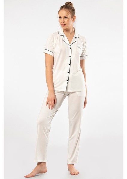 3368 Ekru Kadın Düz Kısa Kollu Gömlek Yaka Pijama Takım indirimleri