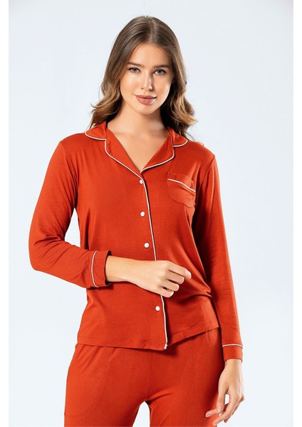 3359 Kiremit Kadın Düz Uzun Kollu Gömlek Yaka Pijama Takım