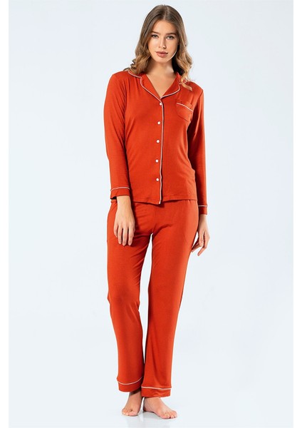 3359 Kiremit Kadın Düz Uzun Kollu Gömlek Yaka Pijama Takım fiyatları