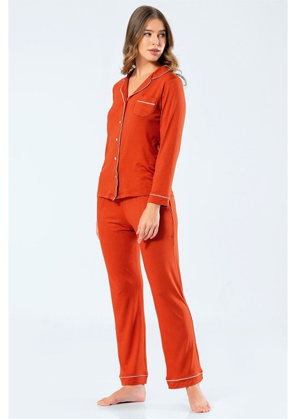 3359 Kiremit Kadın Düz Uzun Kollu Gömlek Yaka Pijama Takım modelleri