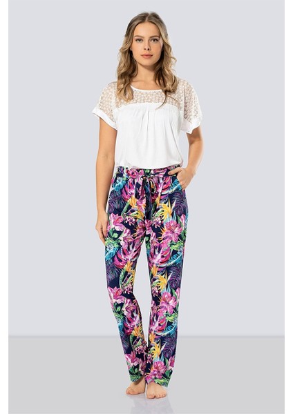 3302 Lacivert Kadın Desenli Pijama Takımı