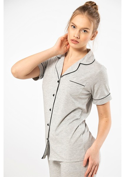 3368 Gri Kadın Düz Kısa Kollu Gömlek Yaka Pijama Takım