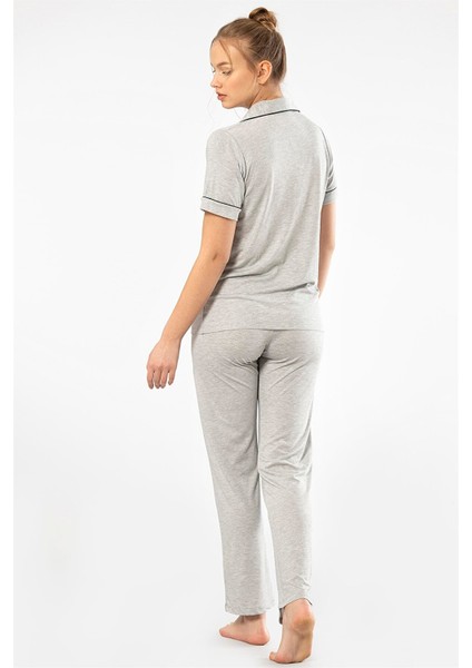 3368 Gri Kadın Düz Kısa Kollu Gömlek Yaka Pijama Takım fırsatları