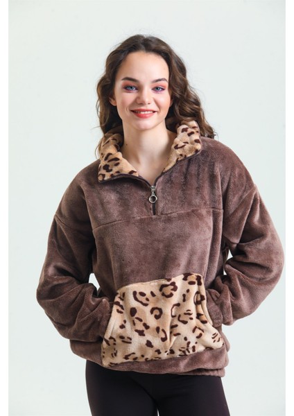 37285 Kadın Kahve Fermuarlı Polar Pijama Üst modelleri