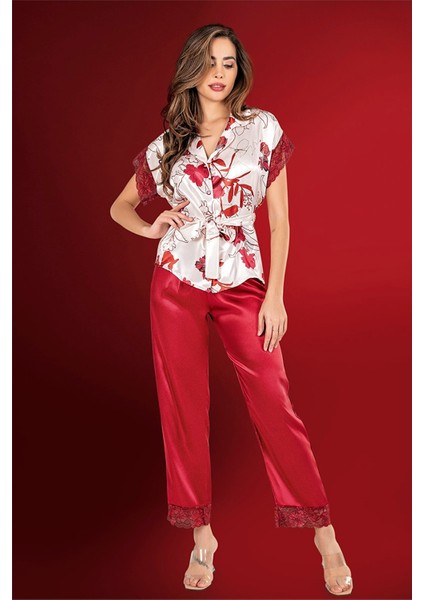 Kadın Kırmızı Dantelli Saten Pijama Takım 2020 fiyatları