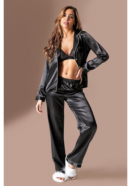 Kadın Siyah Biyeli Önden Düğmeli Saten Pijama Takımı 2150 fiyatları