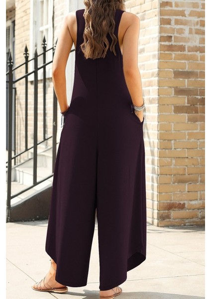 Aknbutik Kadın Askılı Yuvarlak Yaka Cepli Salaş Uzun Viskon Tulum modelleri