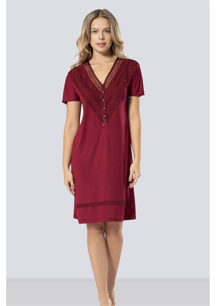 Kadın Bordo Güpürlü V Yaka Gecelik 3282