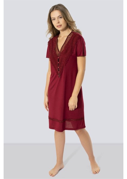 Kadın Bordo Güpürlü V Yaka Gecelik 3282 fiyatları