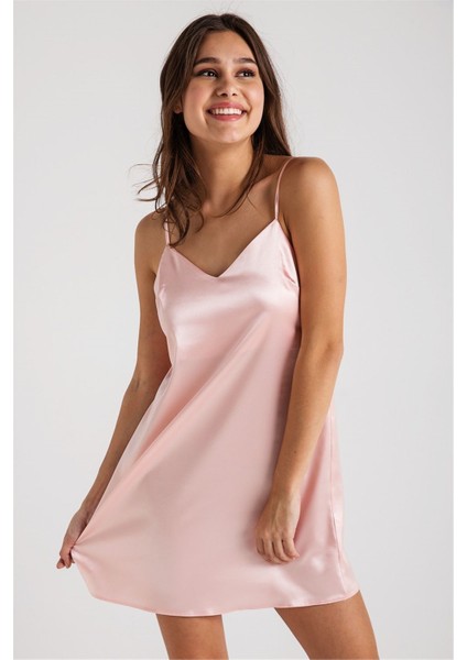 7270 Kadın Somon Askılı Saten Gecelik