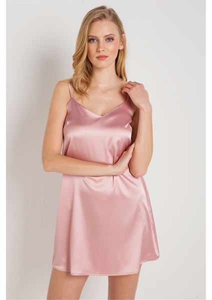 7270 Kadın Pembe Askılı Saten Gecelik