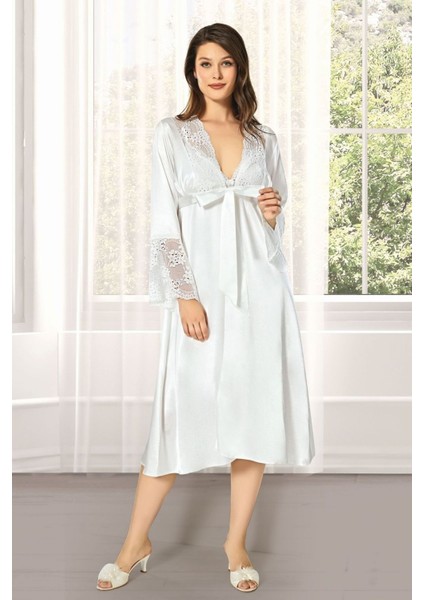 Kadın Ekru Saten Çeyiz Seti 6 Parça Dantelli Sabahlık Gecelik Pijama Şortlu Takım fiyatları