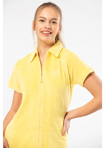 622 Sarı Kadın Rahat Yakalı Fermuarlı Elbise Gecelik