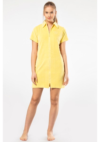 622 Sarı Kadın Rahat Yakalı Fermuarlı Elbise Gecelik modelleri