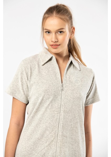 622 Gri Kadın Rahat Yakalı Fermuarlı Elbise Gecelik