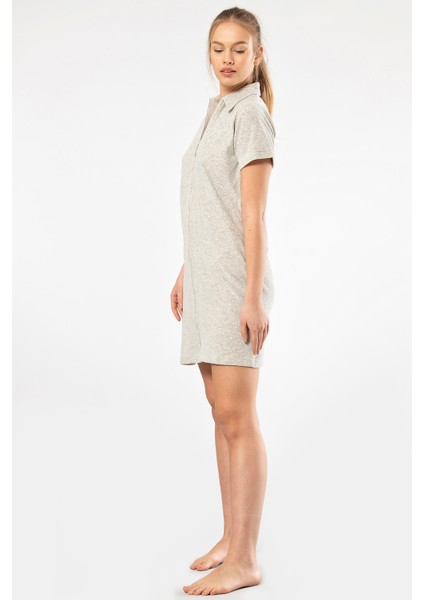 622 Gri Kadın Rahat Yakalı Fermuarlı Elbise Gecelik modelleri