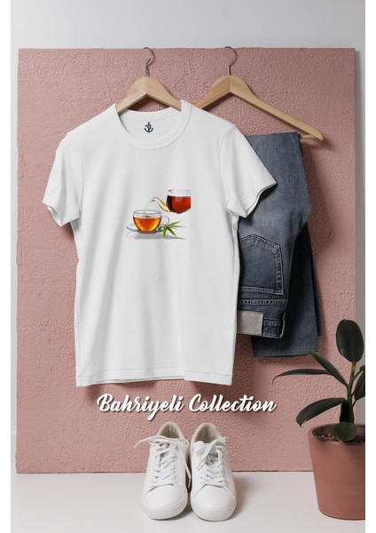 Oversize Siyah Türk Çayı ve Demlik Tasarımlı Unisex T-Shirt