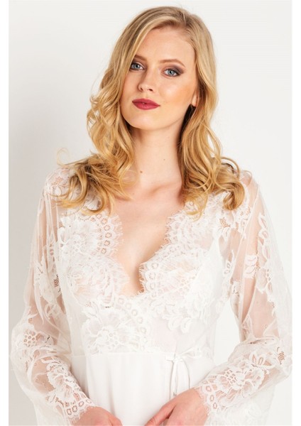 31770 Kadın Ekru Püsküllü Dantelli Krep Uzun Sabahlık fiyatları