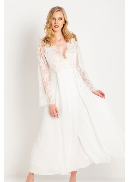 31770 Kadın Ekru Püsküllü Dantelli Krep Uzun Sabahlık modelleri