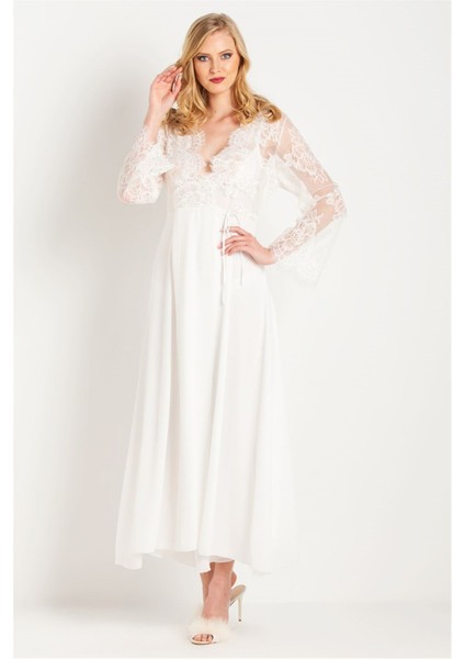 31770 Kadın Ekru Püsküllü Dantelli Krep Uzun Sabahlık fırsatları