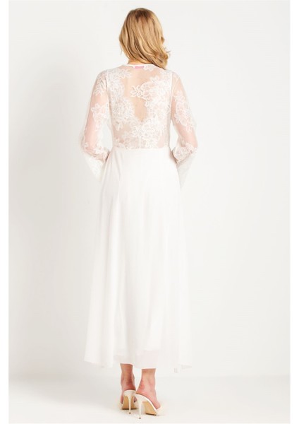 31770 Kadın Ekru Püsküllü Dantelli Krep Uzun Sabahlık indirimleri