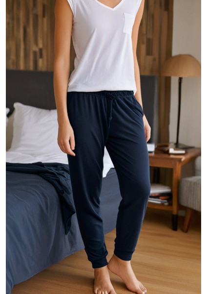%100 Pamuk Premium Kumaş Kadın Pijama Altı Cepli Relax Fit Rahat Lastikli Ipli Terletmez Esnek Lacivert fırsatları