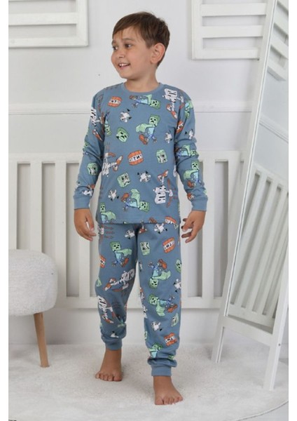 Isob Mavi Minec Desenli %100 Pamuk Erkek Çocuk Pijama Takımı 3-8 Yaş 51305-M