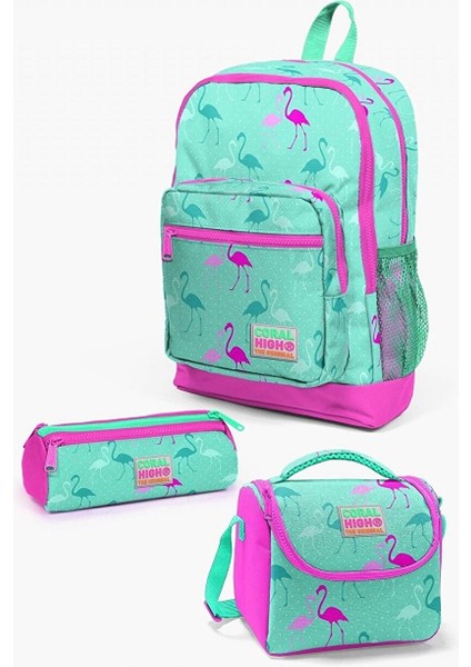 Kids Su Yeşili Neon Pembe Flamingo Desenli 3’lü Okul Çanta Seti