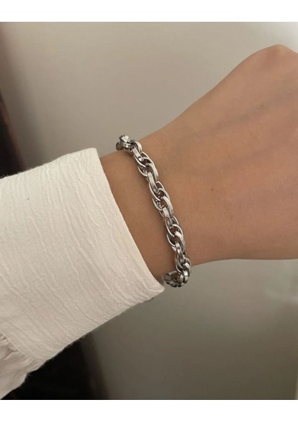 Unisex Gümüş Kaplama Iç Içe Geçmeli Zincir Halat Çelik Bileklik