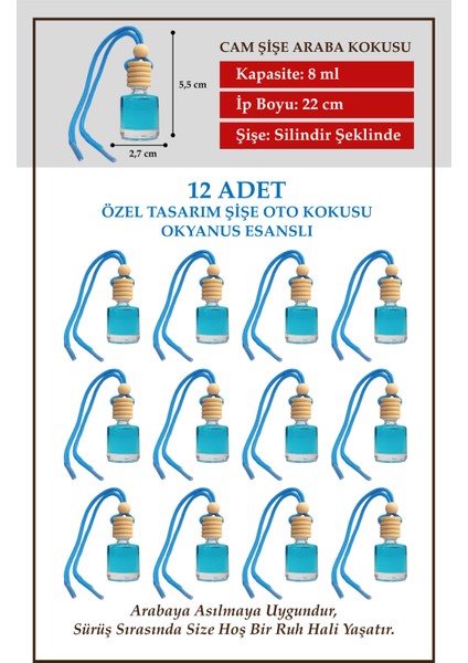 Bymeyla Okyanus Fresh Koku Esanslı 12 Li Cam Şişede Oto Kokusu ve Oto Aksesuarı