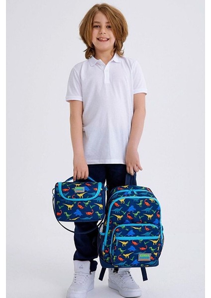 Kids Lacivert Mavi Dinazor Desenli 3’lü Okul Çanta Seti fiyatları