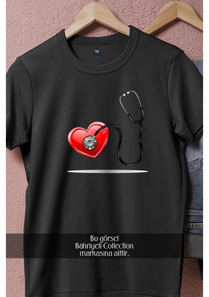 Oversize Black Stethoscope Steteskop Tasarımlı Unisex T-Shirt modelleri