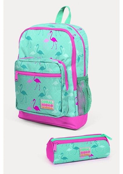 Kids Su Yeşili Neon Pembe Flamingo Desenli 2'li Okul Çanta Seti - Kız Çocuk