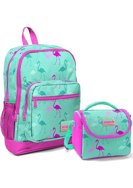 Dört Bölmeli Okul Sırt Çantası & Beslenme Çantası - Pembe Yeşil Flamingo Kız Çocuk