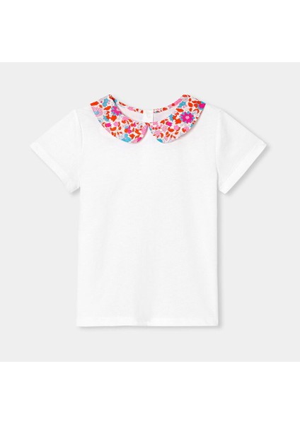 Kız Çocuk Çiçek Desenli Peter Pan Yaka T-Shirt