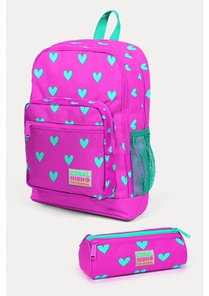 Kids Neon Pembe Su Yeşili Kalp Desenli 2'li Okul Çanta Seti - Kız Çocuk