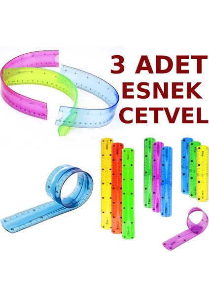 3 Adet Esnek Cetvel Kırılmaz Cetvel 30 cm Karışık Renkler