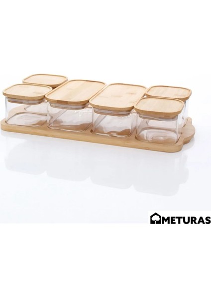 Bambu Kapaklı Tepsili 6 Parça Cam Saklama Kabı Seti Kahvaltılık 4X240 - 2X480 ml Dikdörtgen