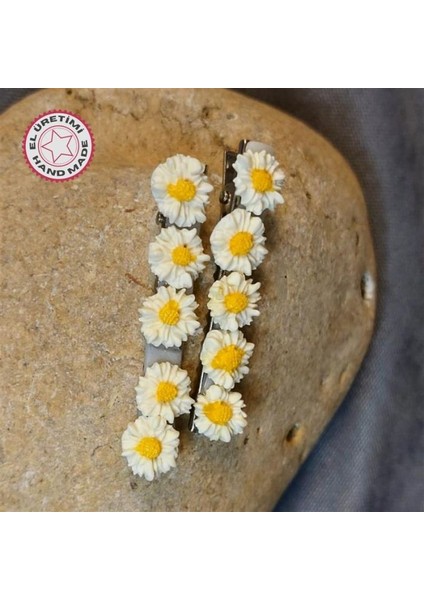 5602 El Yapımı Polimer Kil Beyaz Papatya Çiçeği Tasarımlı 2'li Yan Saç Tokası / 6,5 cm