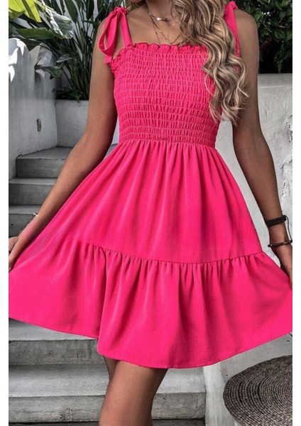 Pembe Eteği Fırfırlı Askılı Rahat Yazlık Dokuma Elbise
