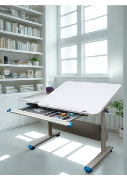 Vega Standart Genç Çalışma Masası, Yükseklik ve Eğim Ayarlı Masa - 130x70 Cm, Beyaz/Mavi fiyatları