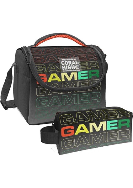Siyah Gri Gamer Desenli Erkek Çocuk Isı Yalıtımlı Beslenme Çantası ve Kalemlik Seti