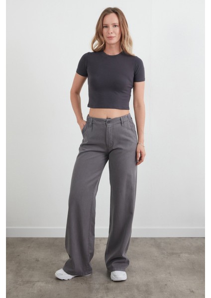 Beli Lastikli Düğmeli Tencel Kumaş Pantolon
