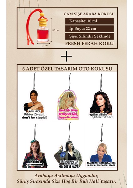 Bymeyla Havalı Kadınlar 6 Adet Özel Tasarım (Cam Şişe Fresh Esans Hediyeli) Oto Kokusu ve Aksesuarı