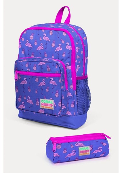 Kids 2'li Okul Çanta Seti - Kız Çocuk Lavanta Pembe Flamingo Desenli